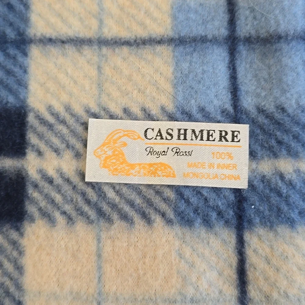 Vintage Royal Rossi Cashmere Fringe Scarf Blue Plaid